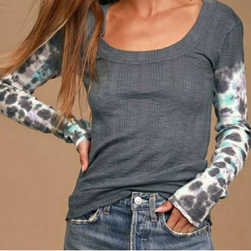 Free People Ribbed Scoop Neck Long Sleeve Top in Slate Gray with Tie-Dye Sleeves